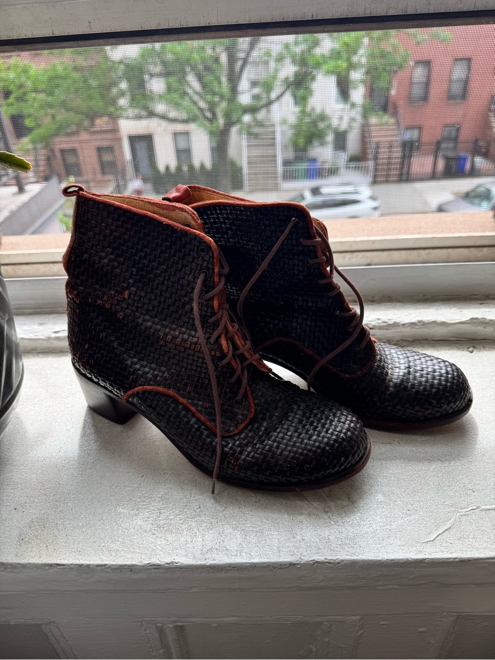 Donald J. Pliner Black Woven Leather Lace-Up Ankle Boots with Brown Trim
